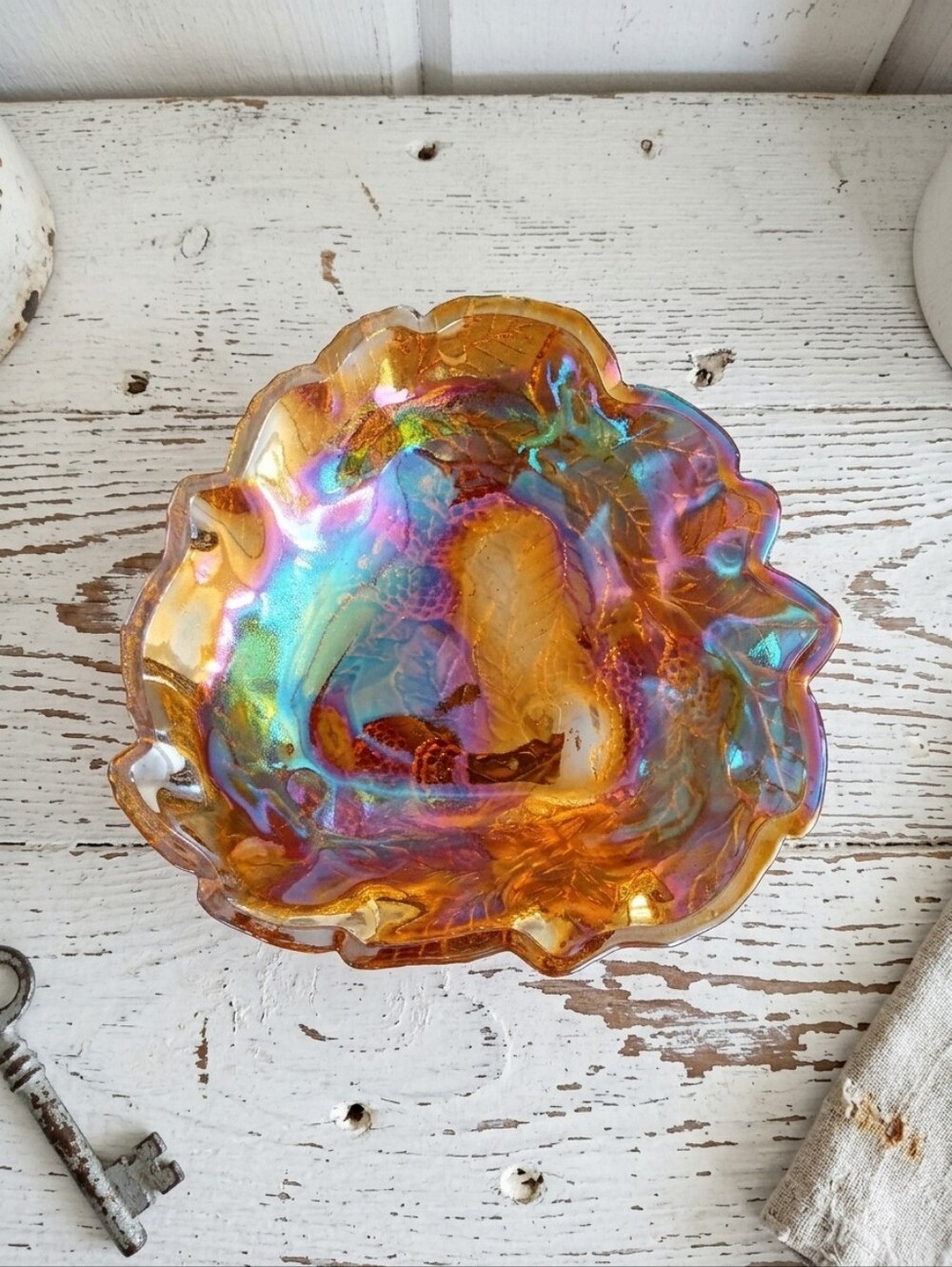 Marigold Iridescent Loganberry Leaf Glass Bowl/Indiana Glass